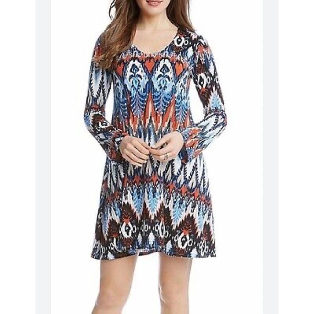 🩷 Karen Kane Mazatlan Ikat Print A-Line Trapeze Stretch Dress Size XL